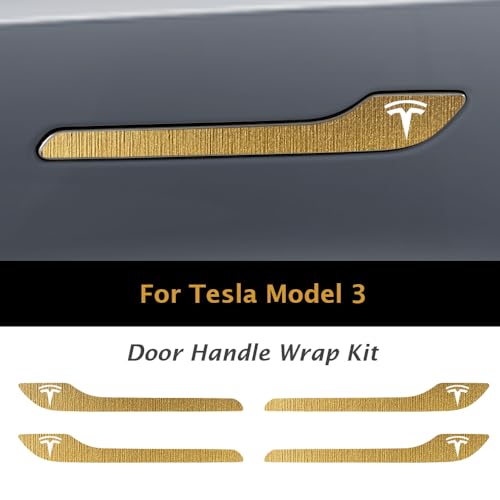 Image of IPG Compatible for Model 3 / Model Y Door Handle Decal Sticker Wrap Kit (Set of 4) with Tesla Logo Personalize Your Tesla (Brushed Gold)