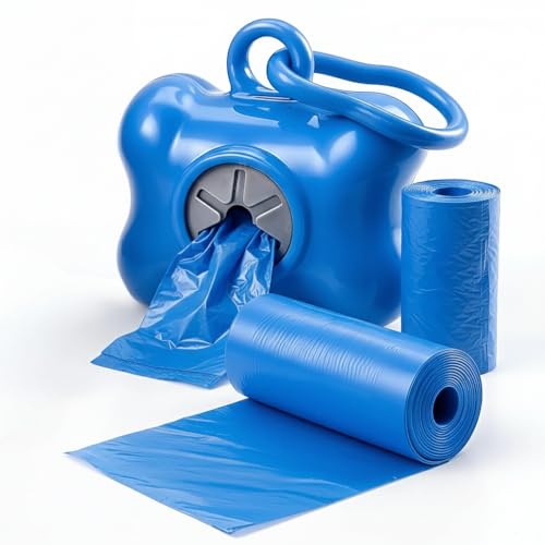MOLY 40 Bolsas Excrementos Perros + Dispensador Hueso con Mosquetón Azul | Pack Bolsas Basura, Heces, Cacas para Perro | Bolsitas 35 x 23 Sin Fugas, Resistentes y Sin Fragancia