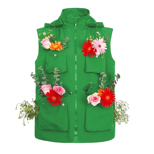 PESION Packbare Militär-Weste für Damen, Oberbekleidung, wasserdicht, Windjacke, Cargo-Weste mit abnehmbarer Kapuze, Grün, M