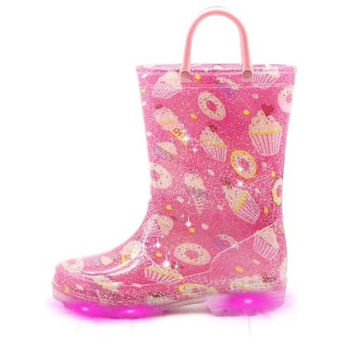 EUXTERPA Kids Toddler Light Up Rain Boots Girls Waterproof Patterns and Glitter Boots with Easy On Handles, Cupcake, Big Kid Size 2
