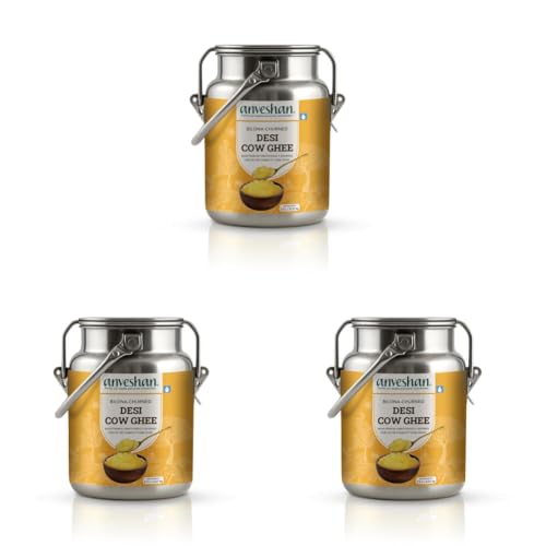 Image of Anveshan A2 Ghee (2.5L Stainless Steel Dolchi) | Traditional Bilona Method | Curd- Churned | Cultured | Pure and Nutural | Lab Tested | Free-grazed, Grass-fed Desi Cows (Pack of 3)
