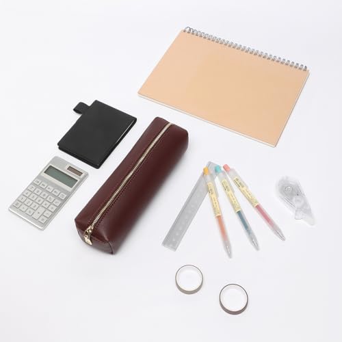 Image of Pencil Case Small Zipper Pen Pouch for School Office Art Supplies Stationery Organizer Bag for Pens Markers(Burgundy /Faux Leather)