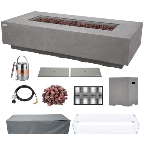 Image of AMS Creations | Savanah 72 inch Bundle Rectangular Cast Concrete Propane Gas Fire Pit Table | Light Gray | Travertine Texture Surface | Electronic Ignition| Outdoor Patio Heater Outside Backyard Fireplace