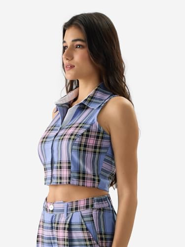 Image of The Souled Store Lilac Blossom Women and Girls Sleeveless Collared Neck Slim Fit Checkered Cotton Cropped Tops