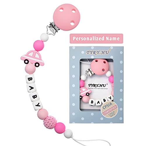 Image of Personalized Pacifier Clip with Name for Baby, Customized Pacifier Clip Fits All Pacifiers, Baby Birthday Christmas Gift for Girls, Car (Pink)