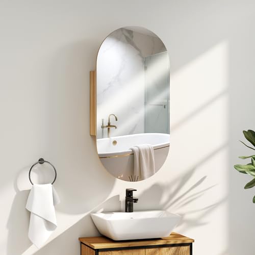 HOMCOM Mobile da parete per bagno con specchio ovale, 45 x 90 cm, mobili da bagno moderni, design senza cornice, specchio con contenitore, legno naturale