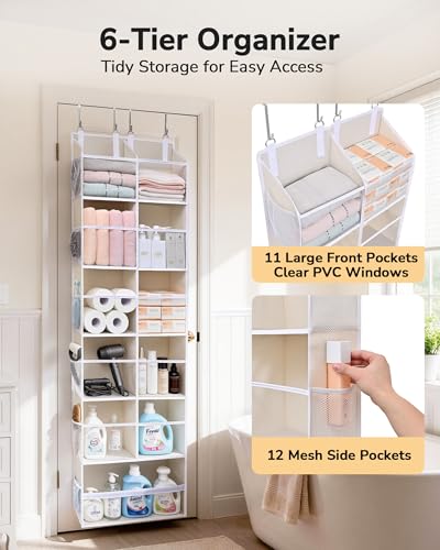 Image of ULG Over the Door Organizer, 6-Tier Hanging Storage with Clear Windows, 19 Pockets for Closet,Bathroom & Nursery Door Organizer