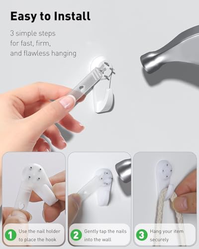 Image of Uniclife 60 Pcs Picture Hangers Hanging Kit for Hard Walls, Picture Hooks, Non-Trace Wall Hooks with Nails, White Picture Hangers Stucco Hooks for Photo Frame, Painting and Art