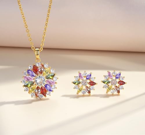 VONSSY Colorful Snowflake Pendant Necklace Earrings Rose Gold 5A Cubic Zirconia | Crystal Sweater Chain | Multi Gemstone Garnet Amethyst Morganite Peridot Prom Rhinestone Necklaces for Women Vintage Stylish Gift4