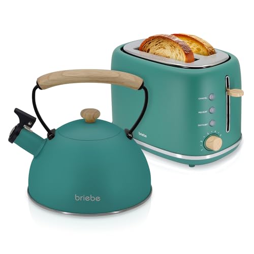 briebe Nordic Set Tostadora Pan Ranura Ancha 2 Rebanadas, 6 Niveles Tostado + Tetera Silbante 2,3 L Infusiones, Acero Inoxidable, Inducción, Libre BPA, Pack Desayuno Diseño Nórdico Verde