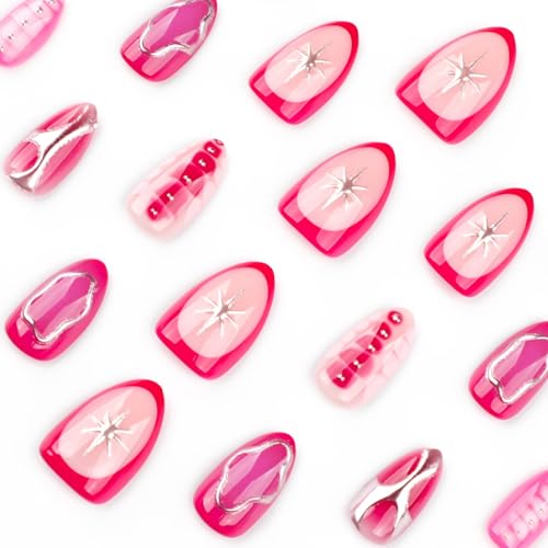 Image of Pink Press on Nails Silver Line Fake Nails with Alligator Print Design Short Almond False Nail Star Glue on Nails Glossy Full Cover Artificial Acrylic Stick on Nail for Women Manicure 24Pcs