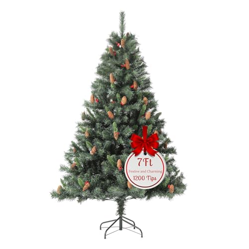EVRE 7FT Artificial Christmas Tree Green 1200 Tips Pine Cones & Red Berries Metal Stand Easy Assembly Realistic Branches Fir Christmas Tree 7FT 210cm Large Xmas Tree Indoor Outdoor Holiday Decorations
