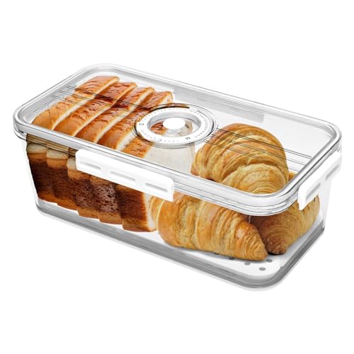 Tefola Boîte à Pain avec Couvercle et Minuteur, Récipient de Rangement en Verre Hermétiques Transparent, pour Conservation de Aliments, Viennoiseries, Pains, Biscuits et Gâteaux, Sans BPA(Blanc)