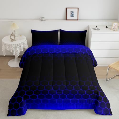Image of Blue Black Ombre Honeycomb Bedding Set Twin Size, Geometrics Hexagon Comforter Abstract Blue and Black Comforter Set for Kids Toddler Beehive Hexagon Duvet Set Durable Bed Set 2Pcs