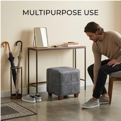 Image of APRODZ Square Printed Ottoman Stool Upholstered Foam Cushioned Pouffes for Living Room | Puffy Muddha Stool for Footrest & Sitting, Velvet Pouf Stool, Furniture for Home Decor, Office Set of 2(Navy)