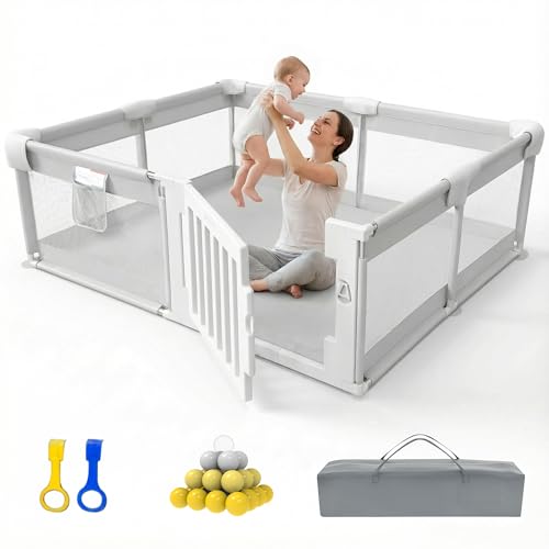 Image of 71 inch x59 inch Baby Playpen with Gate, Large Baby Play Pen for Babies and Toddlers, Infant Fence Play Yard with Door for Living Room, Anti-Fall, Breathable Mesh