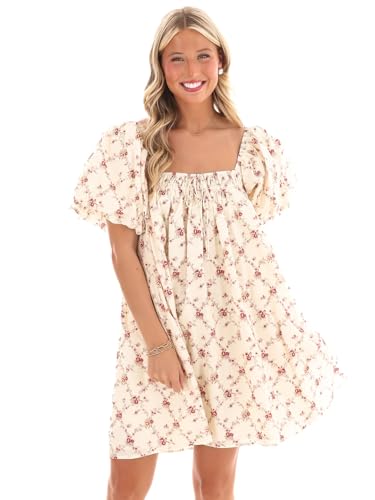 Image of Women Y2k Puff Sleeve Babydoll Dresses Square Neck Tie Back Mini Dress Summer Solid Off Shoulder Flowy Sundress