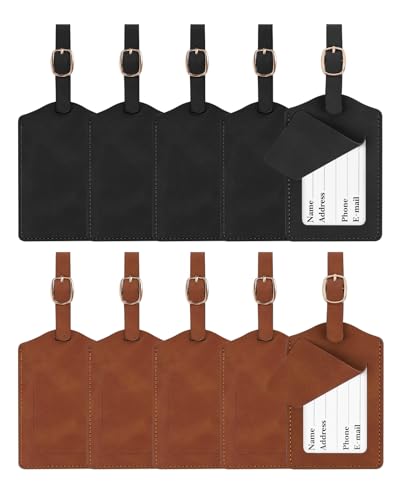 10 Pack Leather Luggage Tags for Suitcases, Leather Luggage Tags with Privacy Cover(Black+Brown)