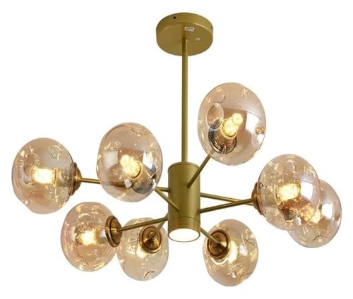 Chandelier suspension dorée à branches avec bulles ambre et gris fumée