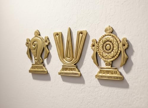 Image of SJL Exports Pure Brass Wall Hanging Set, Shankh Chakra Namah Motifs, 11 cm, 3 Piece Spiritual Home Decor, Handcrafted Traditional Design