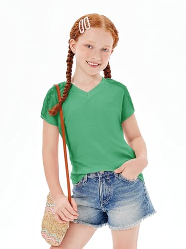 Image of Haloumoning Girls V Neck T-Shirts Kids Summer Swiss Dot Short Sleeve Tops Cute Fashion Tees 5-14 Years