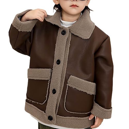 Xiaojmake Boys' Toddler Faux Leather Jacket Casual Button Down Lapel Faux Suede Coat Long Sleeve Fleece Sherpa Lined Jackets