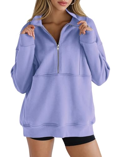 Women's Half Zip Sweatshirts Fleece Stand Collar Long Sleeve Thumb Hole Oversized Pullovers with Pockets