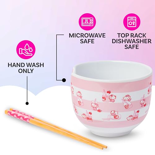 Image of Silver Buffalo Sanrio Hello Kitty Pink, Ramen Bowl with Chopsticks, 20oz | Strawberry Milk, Noodle Rice Bowl, Microwave Safe, 0.59 Liters