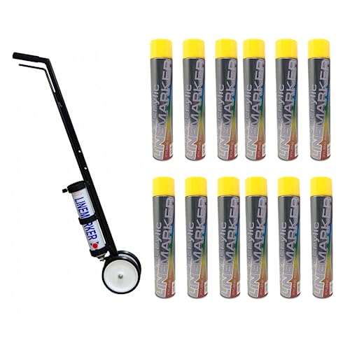 Floor Yellow Line Marker Spray Paint X12 aerosols & 1x Premium 2 Wheel Line Marker Spray Paint Applicator.For Schools, Sports Surfaces, Industrial marking,Safety Marking (12x Yellow & 1x 2Wheel)