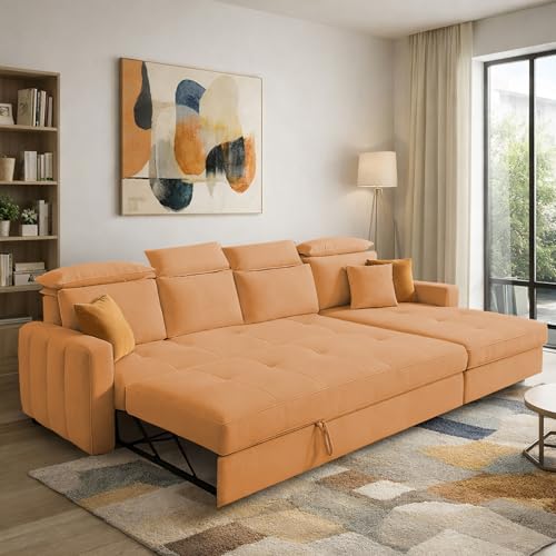 Image of Casaliving Gagnon RHS 6 Seater L Shape Corner Sofa Cum Bed for Living Room (Orange Fabric) Premium Fabric Sofa