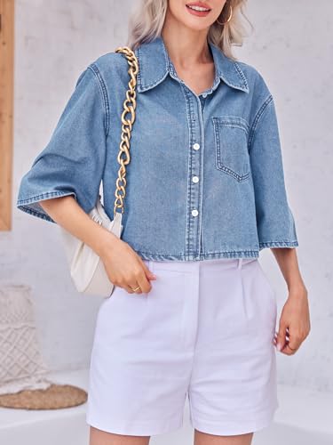 Tankaneo Womens Crop Denim Shirt Half Sleeve Button Down Short Jean Jacket with Pocket4