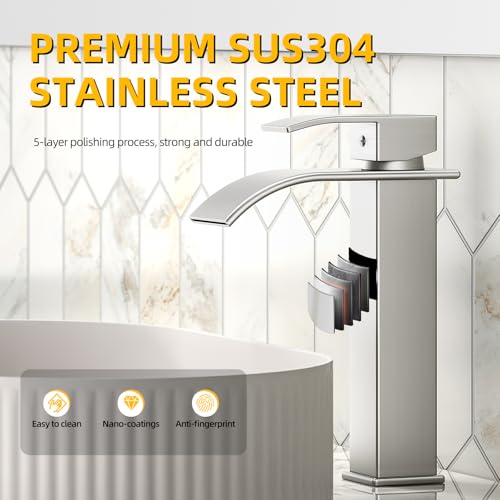 Image of Waterfall Bathroom Faucet,Brushed Nickel Stainless Steel,1-Handle