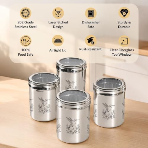 Image of Nestasia Stainless Steel Jars with Lid Set of 4 (1.25L Each) - Airtight & Rust-Resistant Container for Kitchen Storage | Top Window Dabba with Etched Bird Design - Ideal for Snacks, Cookies & Pulses
