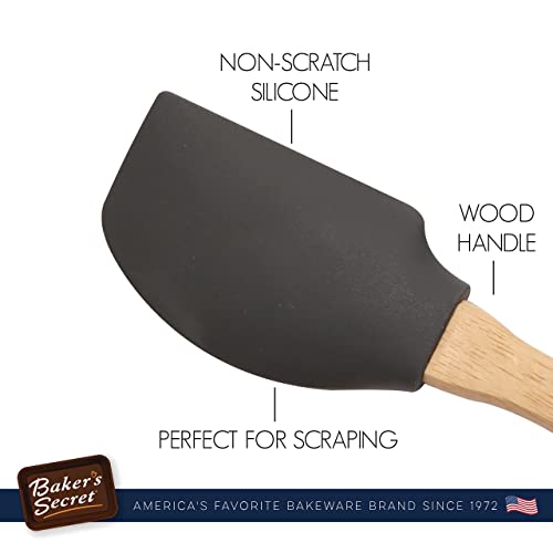 Baker's Secret - 4Pcs Silicone Spatula Set 12", Wooden Handle With Hanger, Cake Decoration Pastry Preparation, Baking Utensils - Dark Grey #TOP3