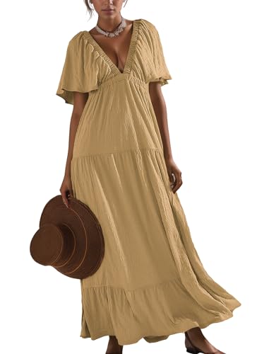 Image of Kikibell Women Summer Dresses Sexy V-Neck Maxi Dress Tiered Silhouette with Flutter Sleeve Backless Elastic Waist Flowy Dress