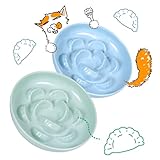 2 Pcs Cat Slow Feeder Bowl for Dry & Wet Food - Unbreakable Melamine Cat Food Plates for Slow Eating - Puzzle Feeder Bowl - Whisker Friendly & Dishwasher Safe & Non Slip Design (Blue + Green)