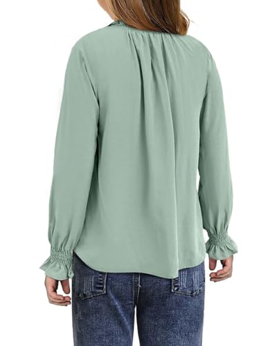 Image of DOKOTOO KIDS Girls Dress Shirt Long Sleeve Blouse Fall Tops Size 7-15 Years | V Neck, None Elastic Breathable Fabric, Ruffle Smocked Sleeve, Solid Pull on, Uniform Formal Western Thanksgiving