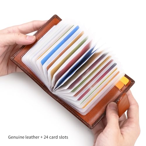 Credit Card Holder, Slim Leather RFID Blocking Wallet Debit Card Protector Organizer Case (22 credit card slots and 1 mirror window) Leather Bifold Wallet (Brown)3