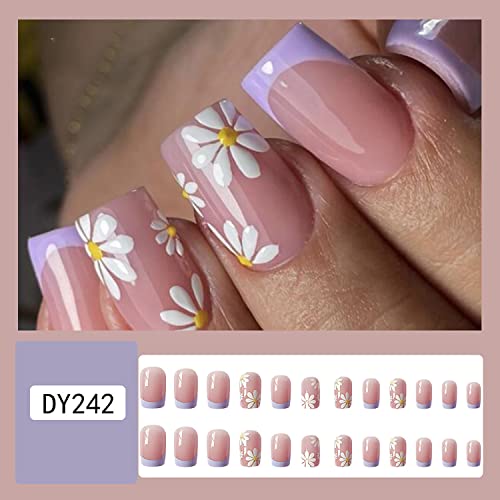Spring Summer French Tip Press On Nails, Fake Nails Square Acrylic False Nails Flower Design,Artificial Nails For Women And Girls, 24 Pcs #TOP4