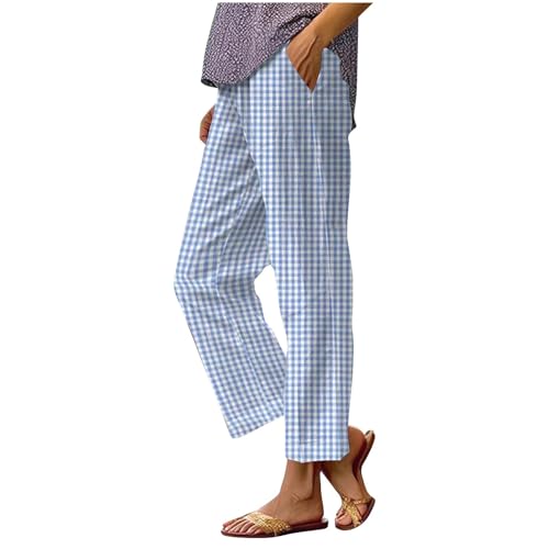 Lemoiitea Pantalones a cuadros para mujer, estilo casual, pierna recta, con bolsillos, cintura elástica, holgados, pantalones largos para uso diario, azul, S