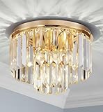 SHRINE LIGHTING Kristall-Deckenleuchte, Moderne Unterputz-Deckenleuchte, D30cm x H21cm, E14 Sockel 3-Licht, Gold Finish & K9 Kristall