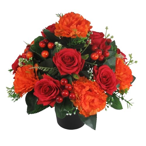 Artificial/Silk Flower Arrangement in Grave pot, 26cm in warm autumn shades with red roses, orange carnations and berries