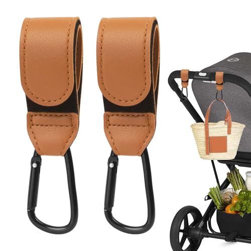 Zssxysm Crochets Poussettes, 2 Pièces Crochet Poussette Accessoire, Mousqueton Accroche pour Sac à Langer, Universel Mousqueton Poussette pour Enfant Voyage Suspendre Les Sacs, Organisateur (Brun)