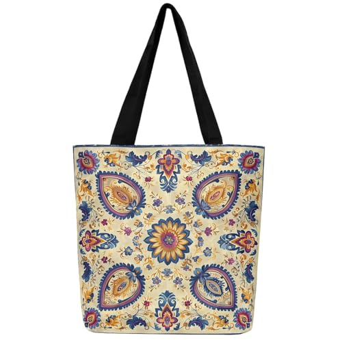 Loussiesd Damast Muster Große Kapazität Einkaufsbeutel Böhmische Damast Tragetasche Blau Gelb Leinwand Einkaufstasche für Frauen Geschenke Europäische Muster Stofftasche für Shopping Gym