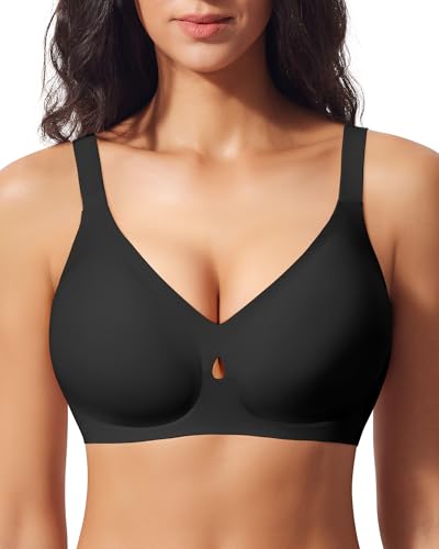 Ganado Sujetador sin Aros Mujer Sujetadores sin Costuras Cuello V Push Up Bralette Comodos con Relleno, Negro, L
