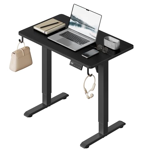 WOLTU Bureau Assis Debout, Bureau Réglable en Hauteur Électrique, 72-118 cm, avec 3 Hauteurs de Mémoire, Réglage en Continu, 2 Crochets, pour Travail à Domicile et Ordinateur, 80x48 cm, Noir