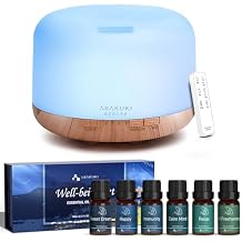 ASAKUKI Home Aromatherapy Starter Kit, 500ml Essential Oil Diffuser & 6 Well-Being Essential Oil Blends for Home