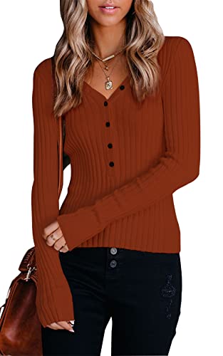 Fall Tops For Women - Long Sleeve V Neck Button Slim Fitted Ribbed Henley Sweater Shirts (Caramel,Small) #TOP16
