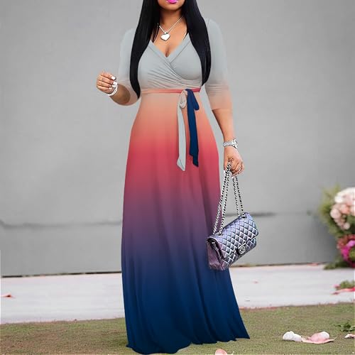 Image of PinkPatty Women's Plus Size Maxi Dresses Casual Flowy 3 /4 Sleeves Dress Printed Vacation Dress for Daily Wear with Belt