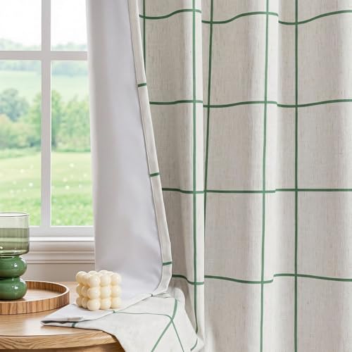 Image of MYSKY HOME 100% Blackout Plaid Linen Ceiling Curtains 96 Inches Long 2 Panels Set - Double Layer Farmhouse Thermal Insulated Checkered Print Drapes for Living Room Bedroom, 2 Pcs, 52 inch Wide, Green